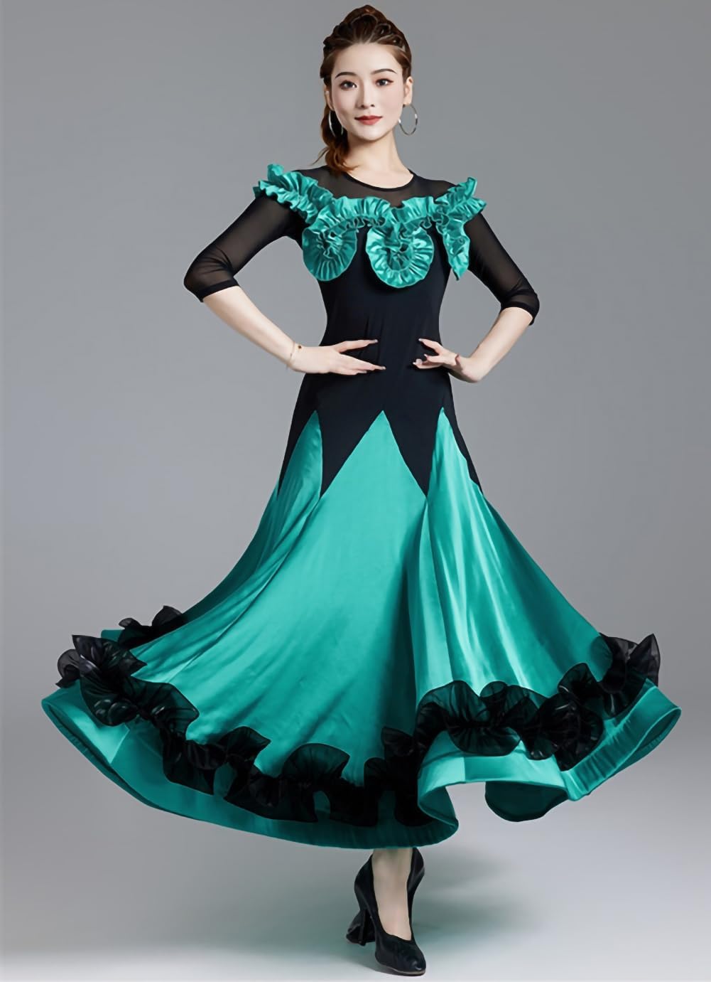 RIKOUZY] 社交ダンス 練習着 ドレス 立体フリル モダンダンス衣装