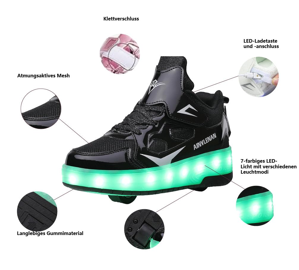 Sneaker per Bambini,Scarpe da Skateboard a Due Ruote,Luce a Cambio Colore Regolabile,Ricarica USB,universali per Ragazzi e Ragazze,Nero Rosa Oro Argento 27–40 EU