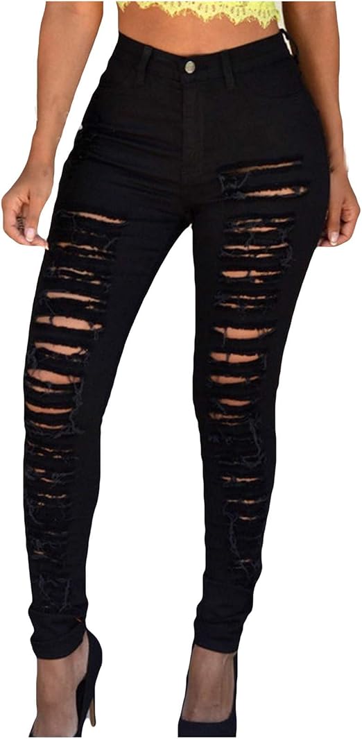 Amazon.com: N/H Rasgado Agujero Frito Estilo Calle Slim Color Sólido Largo  Jeans Denim Pantalones Regular para las Mujeres : Ropa, Zapatos y Joyería
