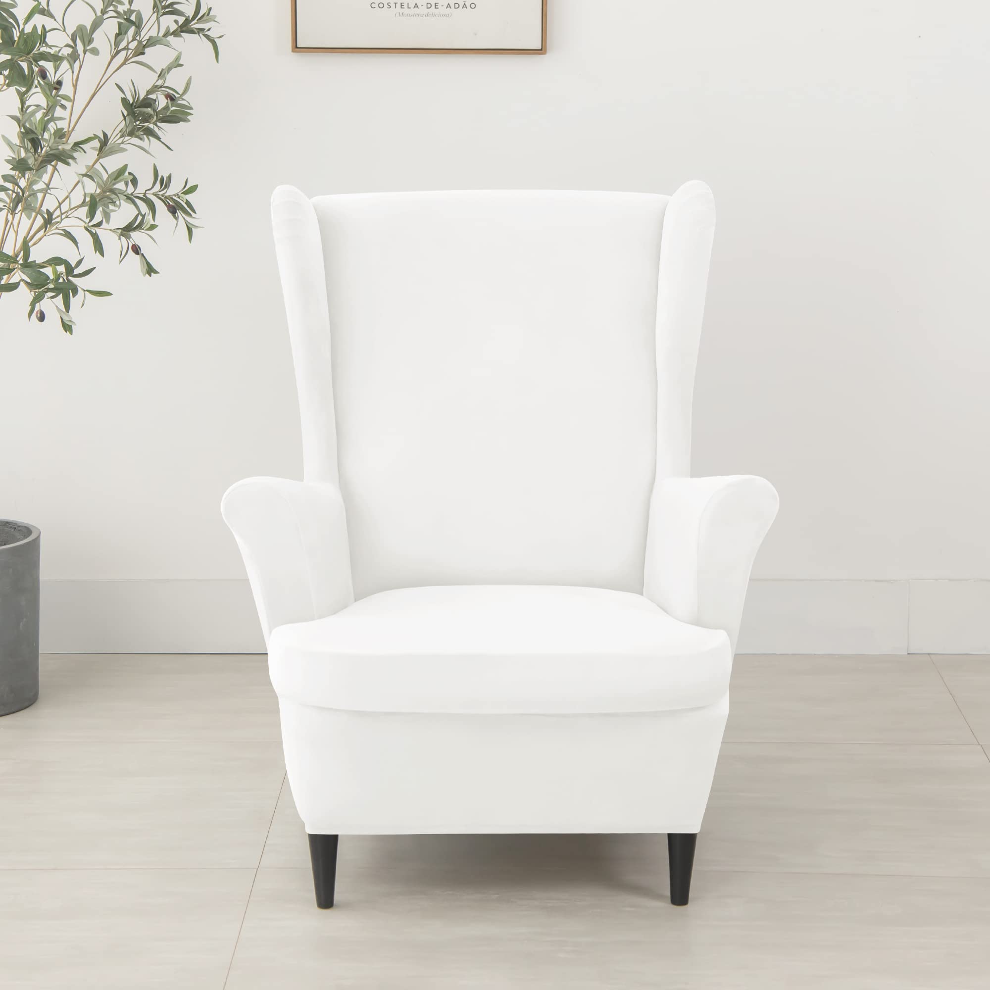 CONRUSER Stretch Wingback Chair Covers, 2 Piece Wing Chair Slipcovers Soft Velvet Armchair Covers with Elastic Bottom for Living Room Bedroom (White)