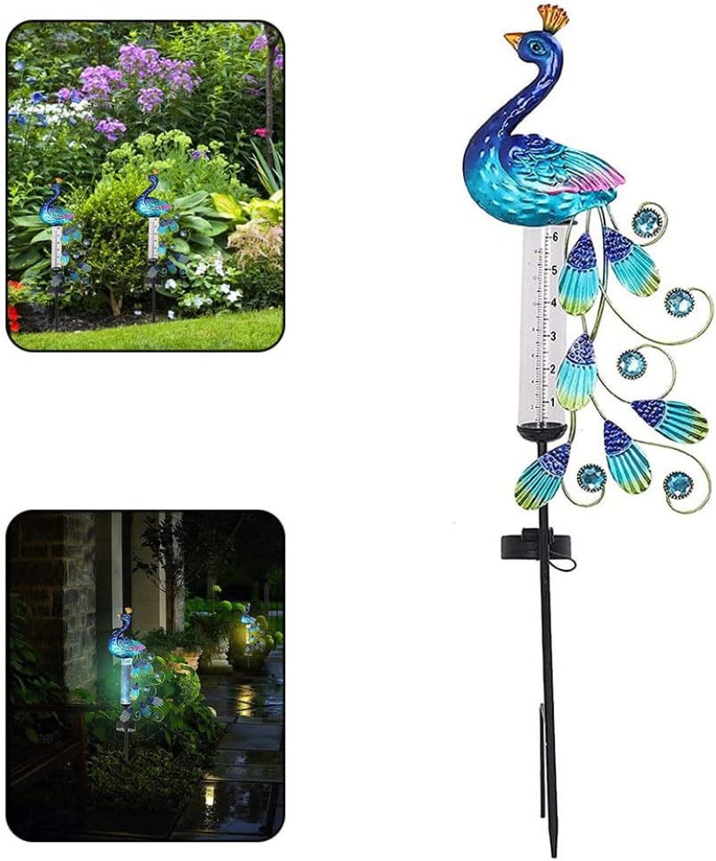 NIDONE Rain Gauge Light Solar Powered Metal Peacock Garden Stakes Waterproof Yard Decorations