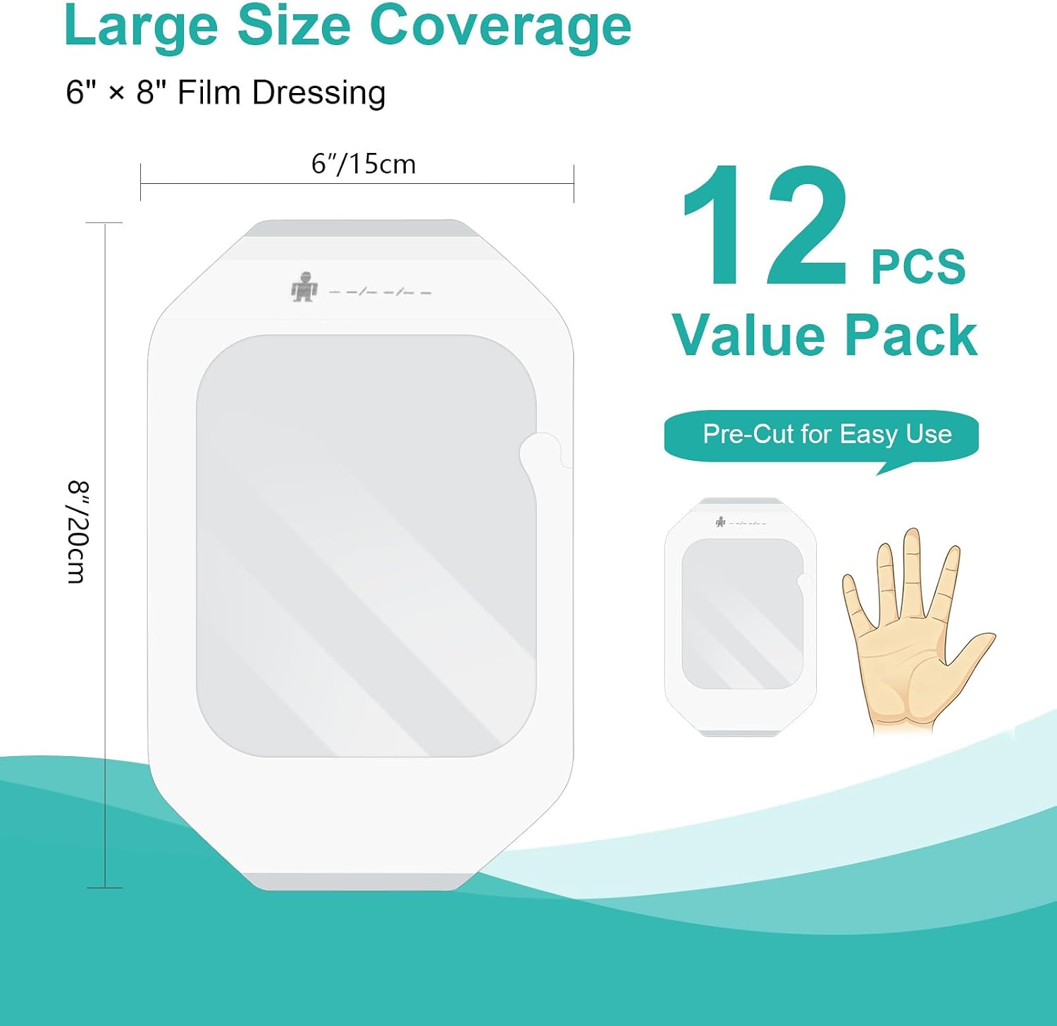 Transparent Film Dressing, 6'' x 8'' (12 Pack), Waterproof Clear Adhesive Bandages for Wound Care, IV Shield & Tattoo Aftercare