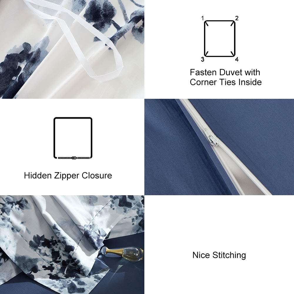 MILDLY 100% Long Staple Cotton Duvet Cover Set Navy Blue Leaves Printed Comforter Cover Set Watercolor Plant Floral - Image 6