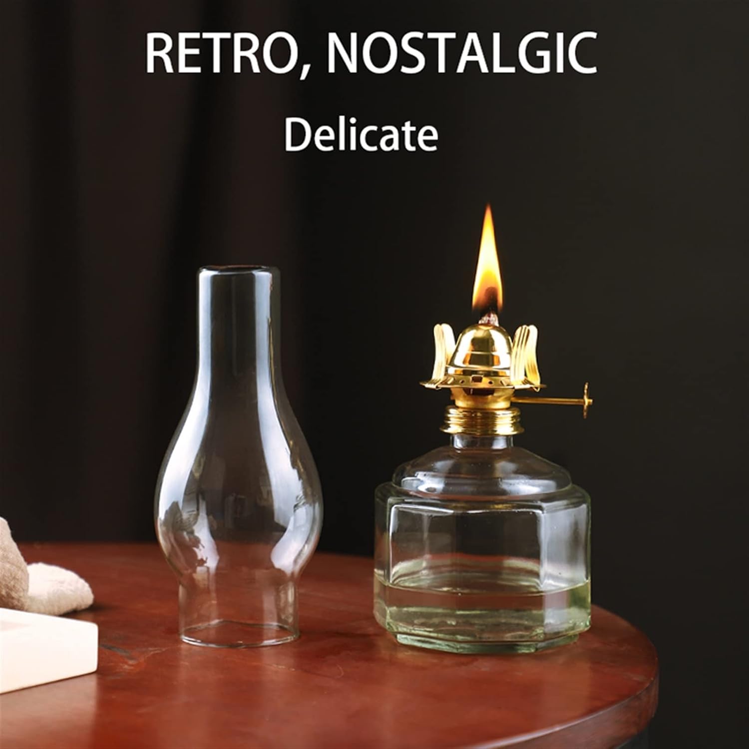 Transparent Glass Oil Lantern - Windproof Lampshade Household Hurricane Lamp - Traditional Retro Antique Kerosene Lamp Power Failure Square Base Glass Oil Can Emergency Light