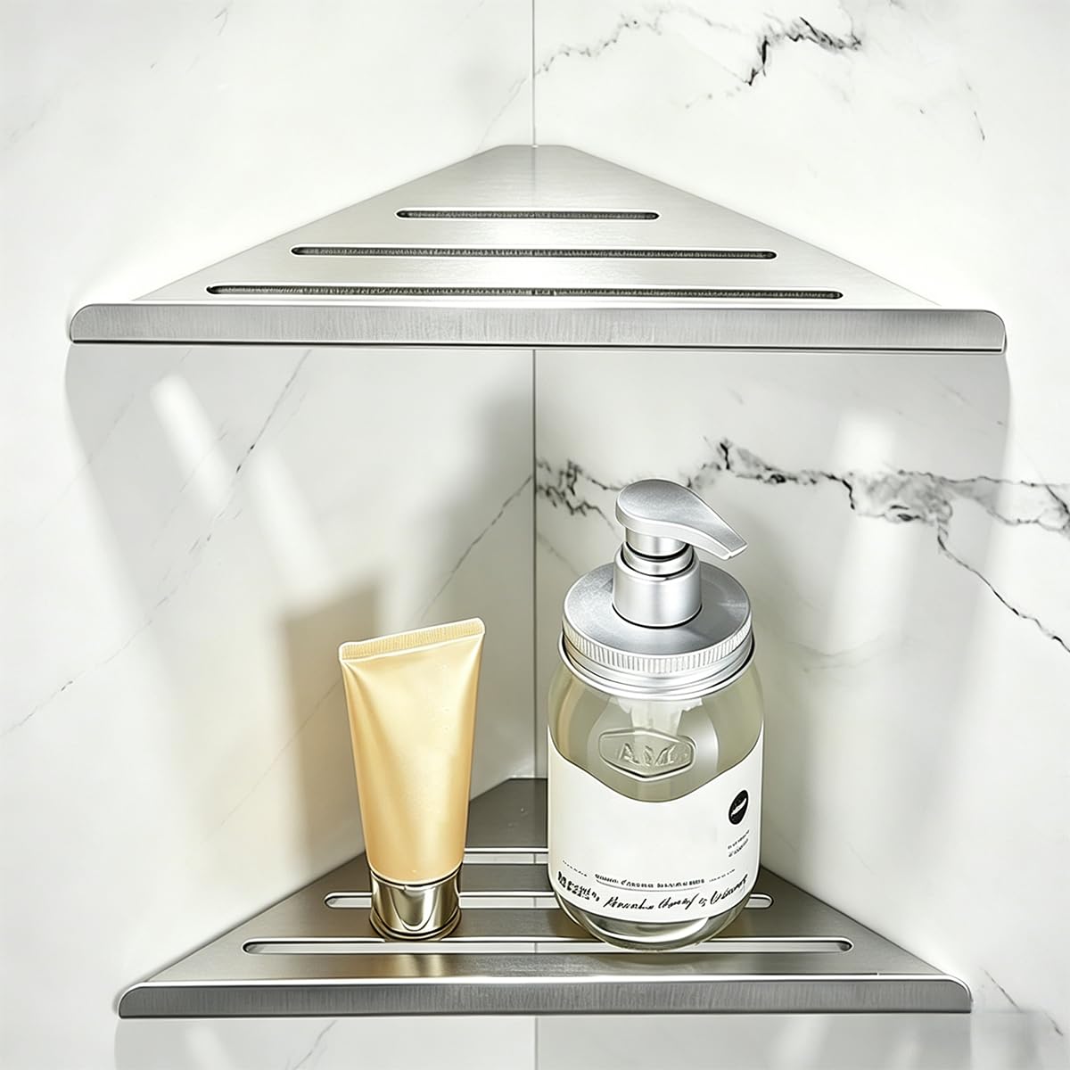 Estantes de Esquina de Acero Inoxidable Cepillado Organizador de Ducha sin Perforación Cesta de Ducha Montada en la Pared Estante de Accesorios de Baño para Baño Cocina (2 piezas)