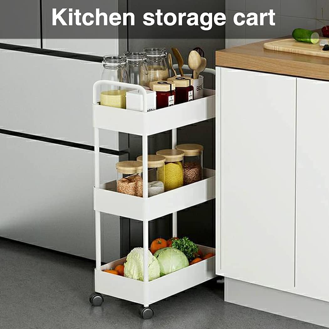 Conworld 3 Tier Rolling Cart,Slim Kitchen Storage Shelf with Wheels,Slide Out Storage Shelves Mobile Shelving Unit with Handle for Office, Home, Kitchen, Bedroom, Bathroom, Laundry Room