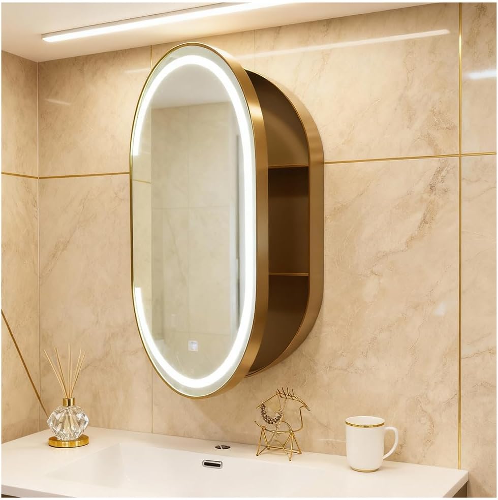 ZTGL Oval Medicine Cabinet with Mirror, Bathroom Mirror with 3 Shelves Storage, Aluminum Alloy Bathroom Cabinet with Mirror, Wall Mounted Storage Cabinet, with LED Light,Black,50x80cm