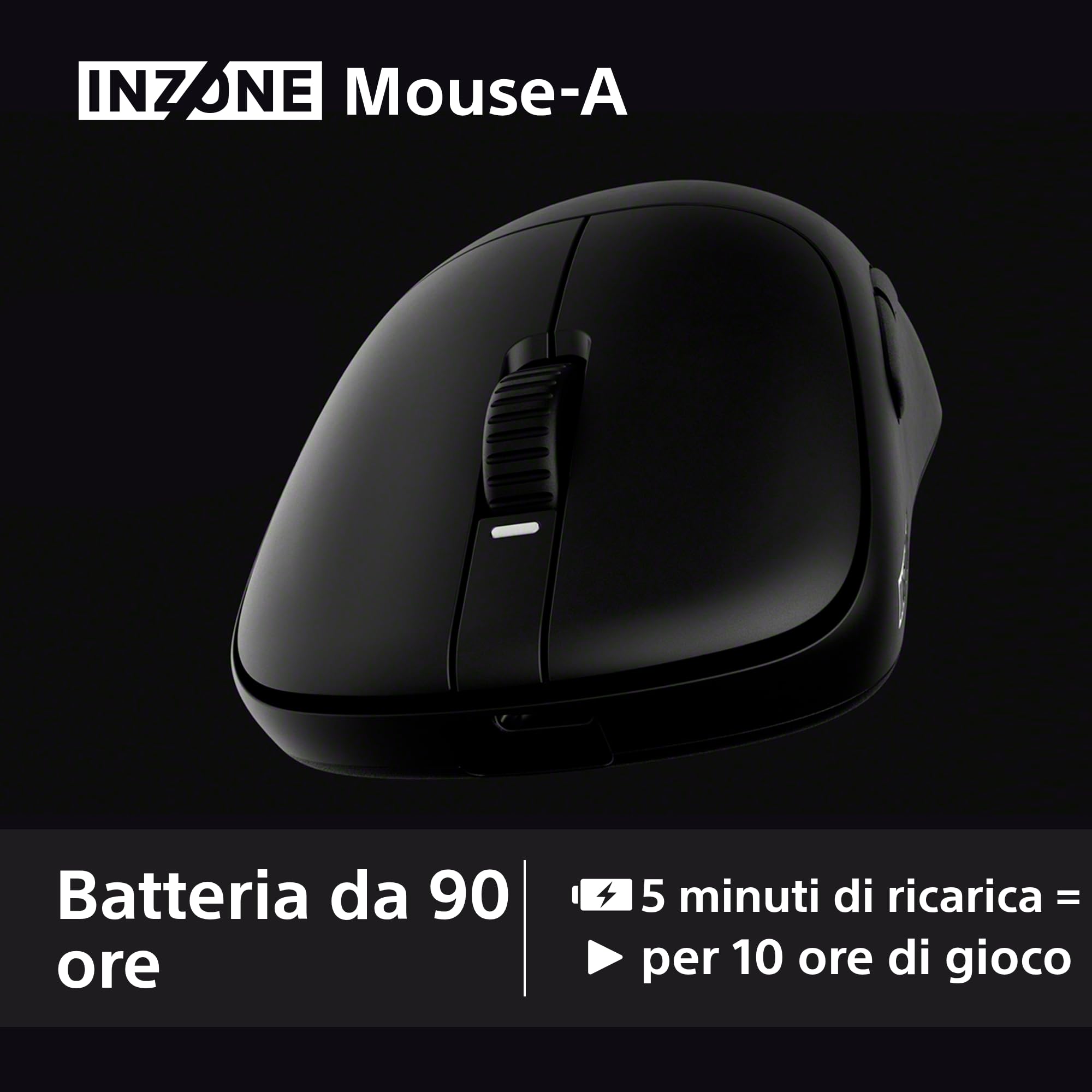Sony INZONE Mouse-A Mouse da Gaming Wireless –Ultra-leggero 48,4g, Polling Rate 8000Hz, Sensore PixArt 30K DPI, Switch Ottici, Batteria da 90 ore, USB-C, Co-progettato con Fnatic – Per eSport FPS–Nero