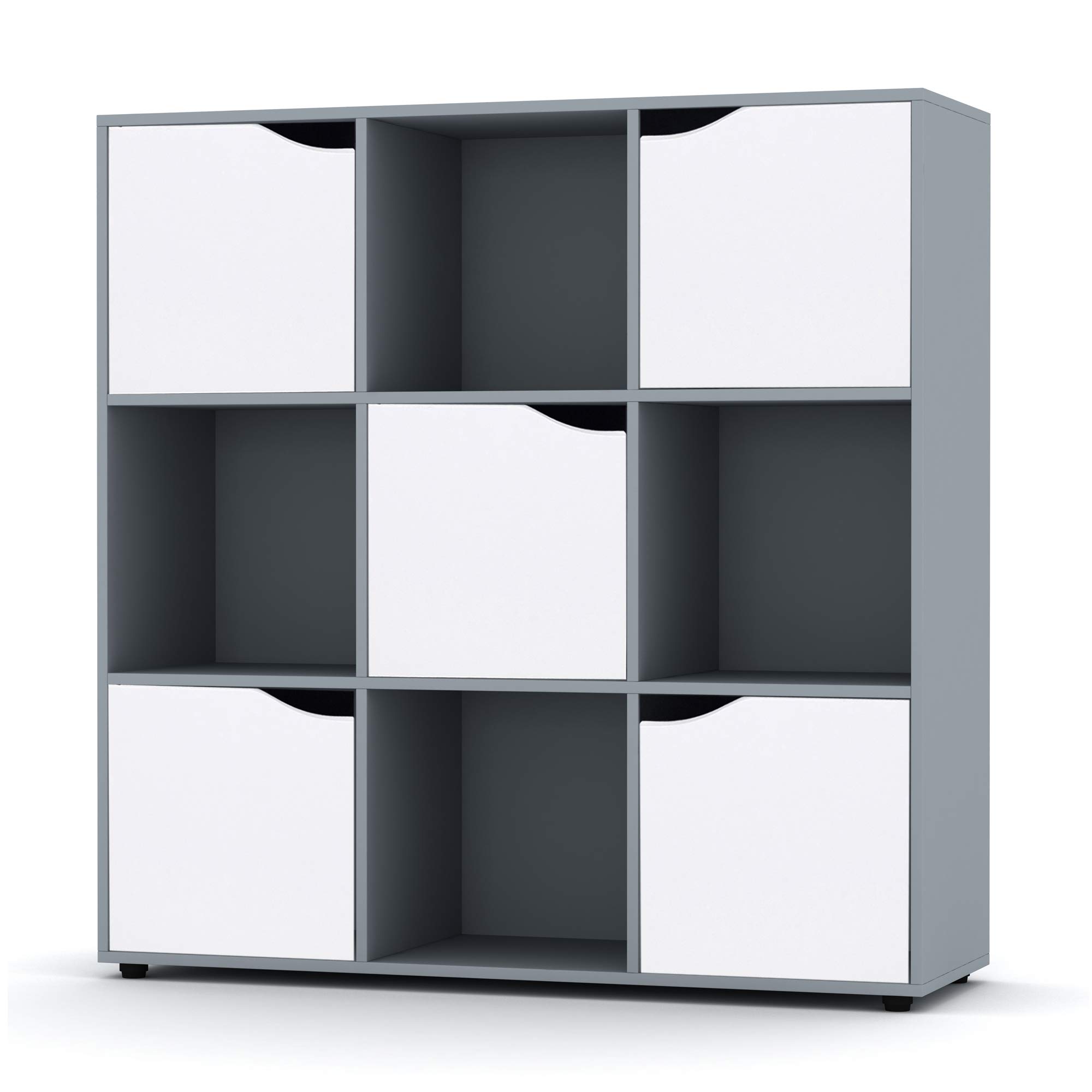 URBNLIVING Wooden Grey Cube Bookcase Shelving Display Shelves Storage Units Wood Shelf Door (Grey Bookcase And White Doors, 9 Cube) โ image 1