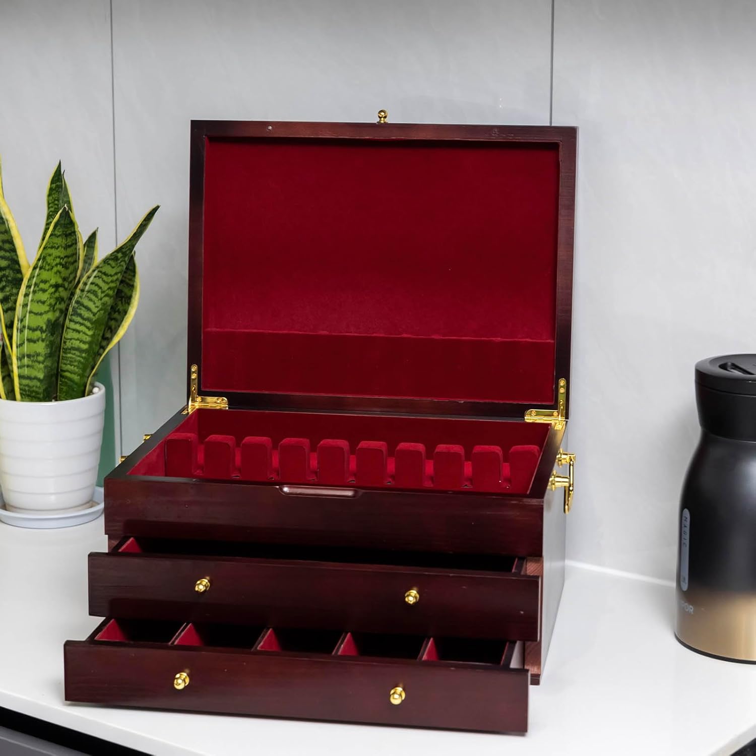 GENRICE Wooden Silverware Chest without Silverware Three-layer, Silverware Box Storage for Silver, Silverware Case with Handle and Felt Lined, Flatware Chest for 12 or 16 or more sets of Utensils - Image 4