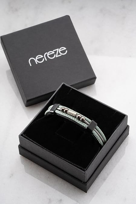 NEREZE Çift Sıra Su Yeşili Deri Model Erkek Çelik Bileklik