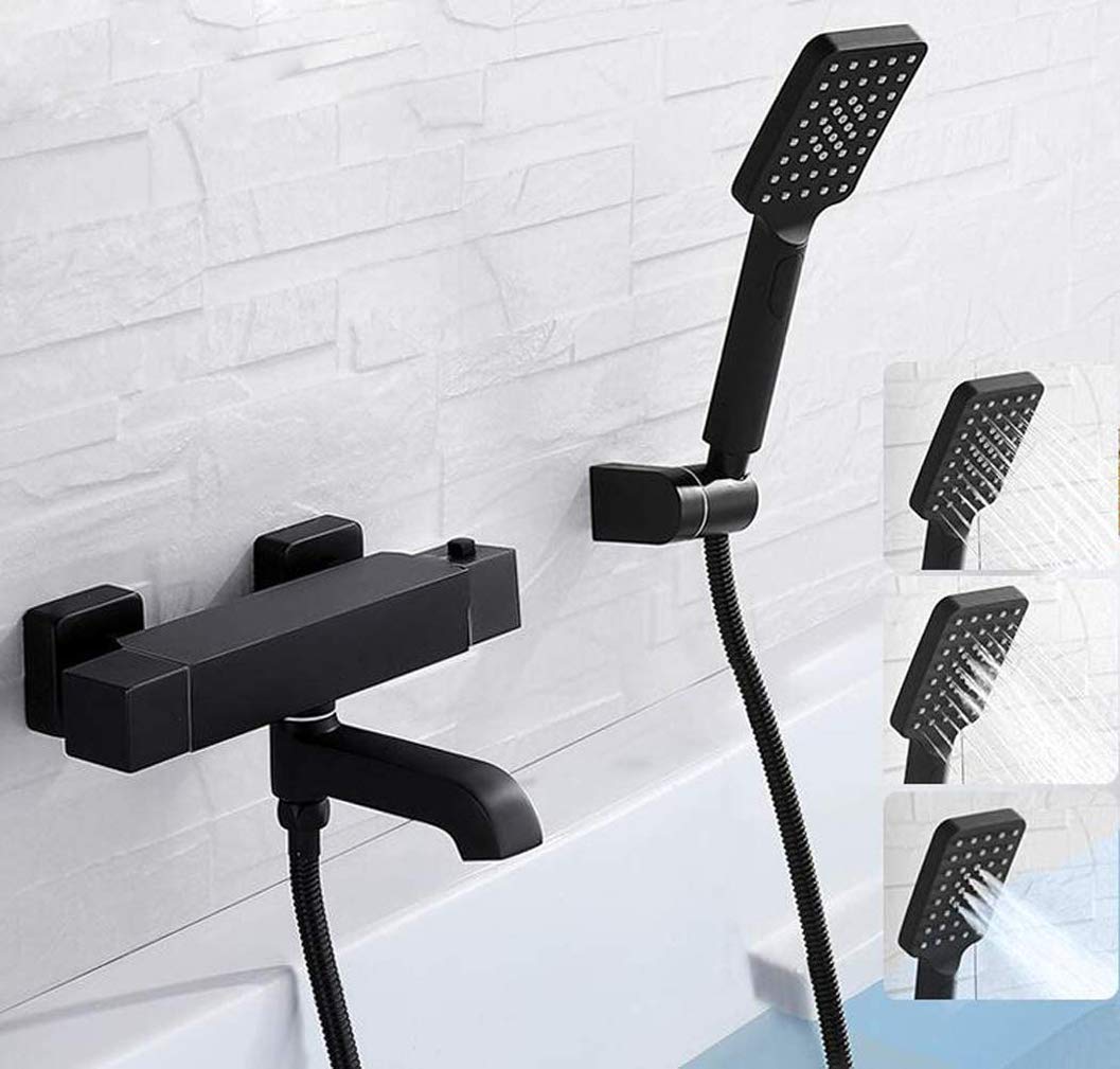 OZBMA Shower Set Tub Taps, Wall Mounted Brass Bath Constant Temperature Black Taps Bathtub Mixer with Handheld Shower, Set,A