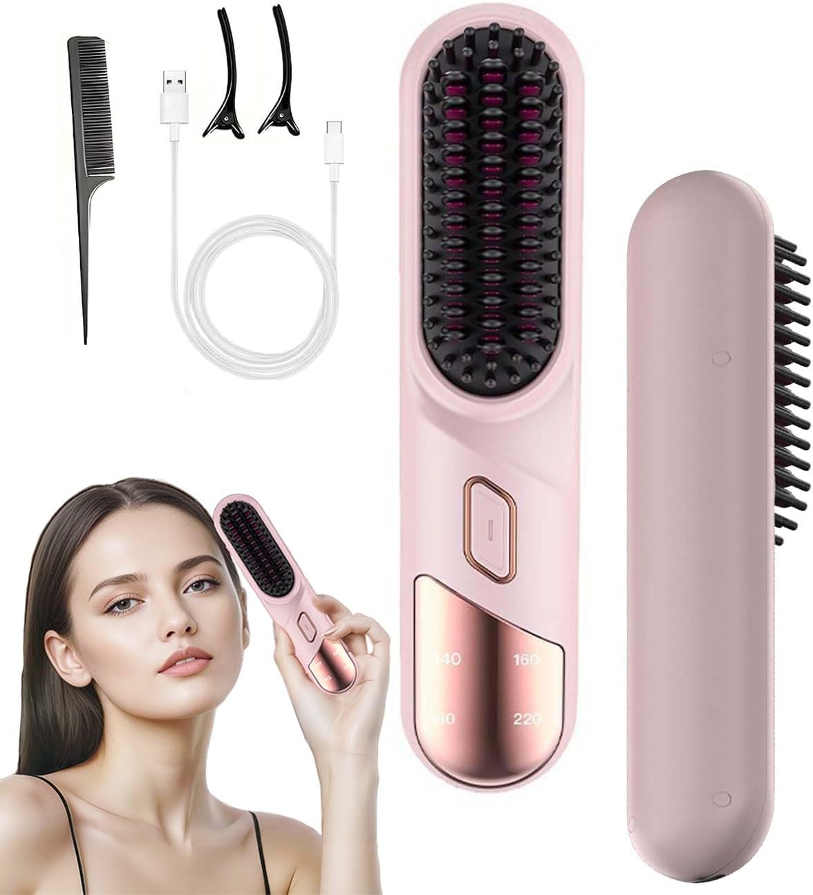 LAXDAMRE Cordless Hair Straightener Brush, Portable Mini Hair Straightener for Women, Dual Purpose Fast Heating Straightener, USB Rechargeable for Travel and Daily Use, مشط شعر (Pink)