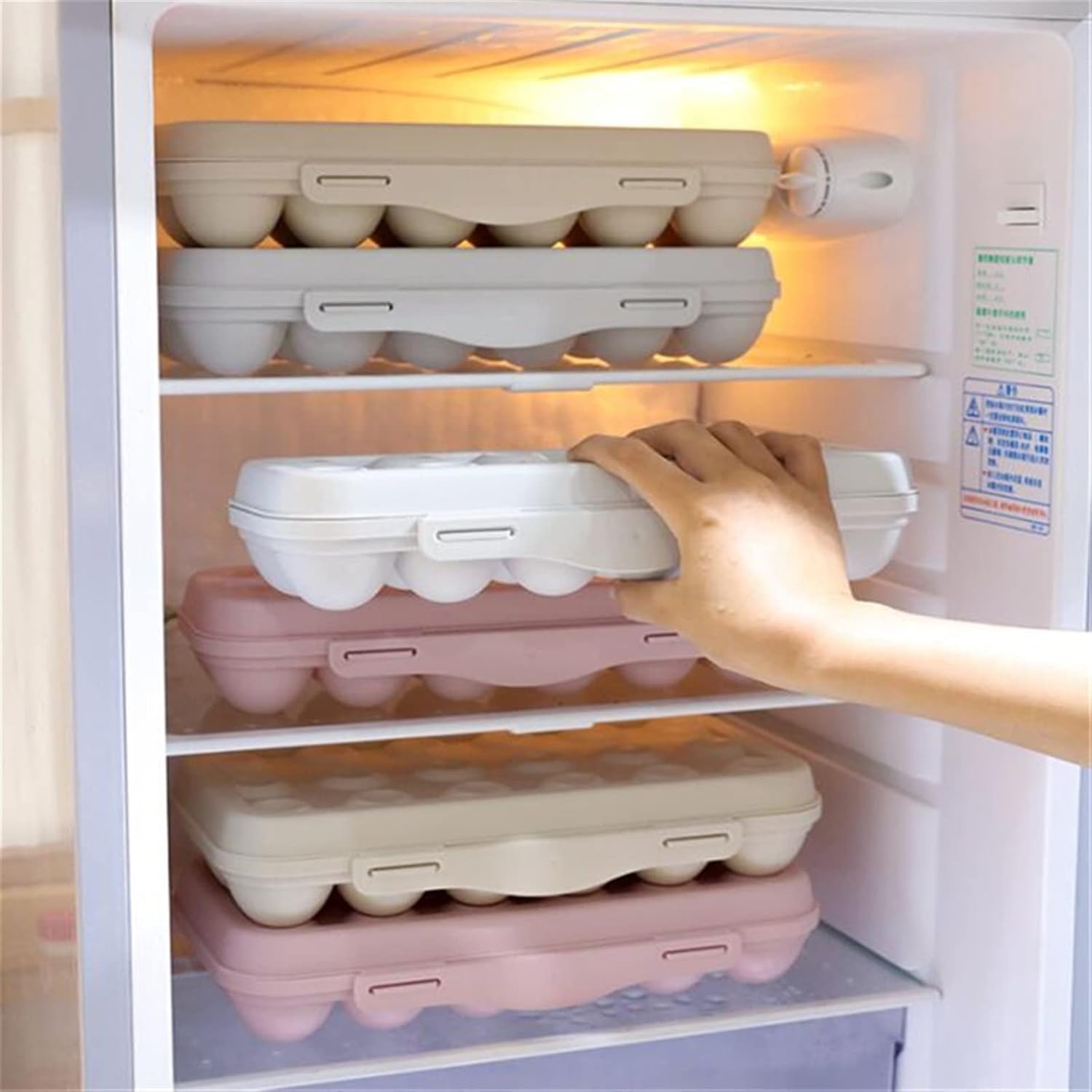 Egg Holder for Refrigerator, 12 Grid Egg Tray with Lid, Stackable Egg Container for Refrigerator, Stackable Egg Container for Refrigerator (Color : Pink) (Khaki)