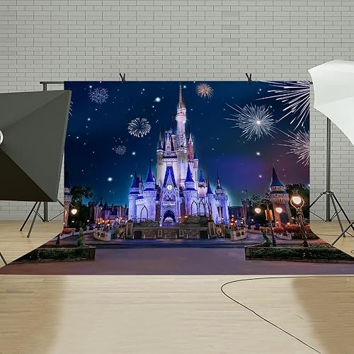Miniatura 4 de Telón de fondo de castillo de princesa azul de 10 x 10 pies para jardín, espectáculo de fuegos artificiales, escena de noche estrellada, fondo para