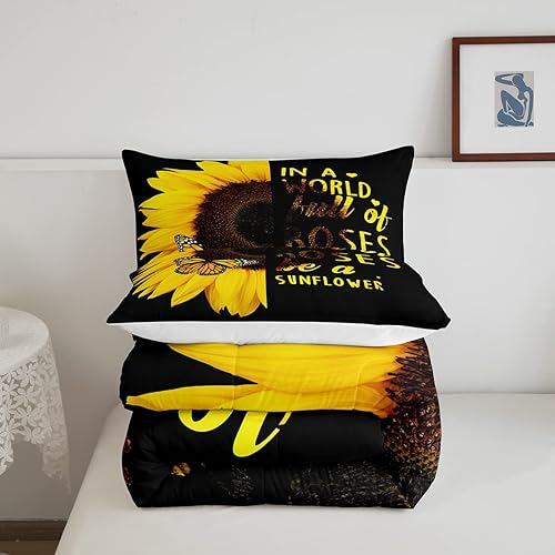 Miniatura 5 de Erosebridal Juego de edredón de girasoles negros tamaño Queen para niñas y mujeres, ropa de cama floral de mariposa amarilla, edredón botánico de