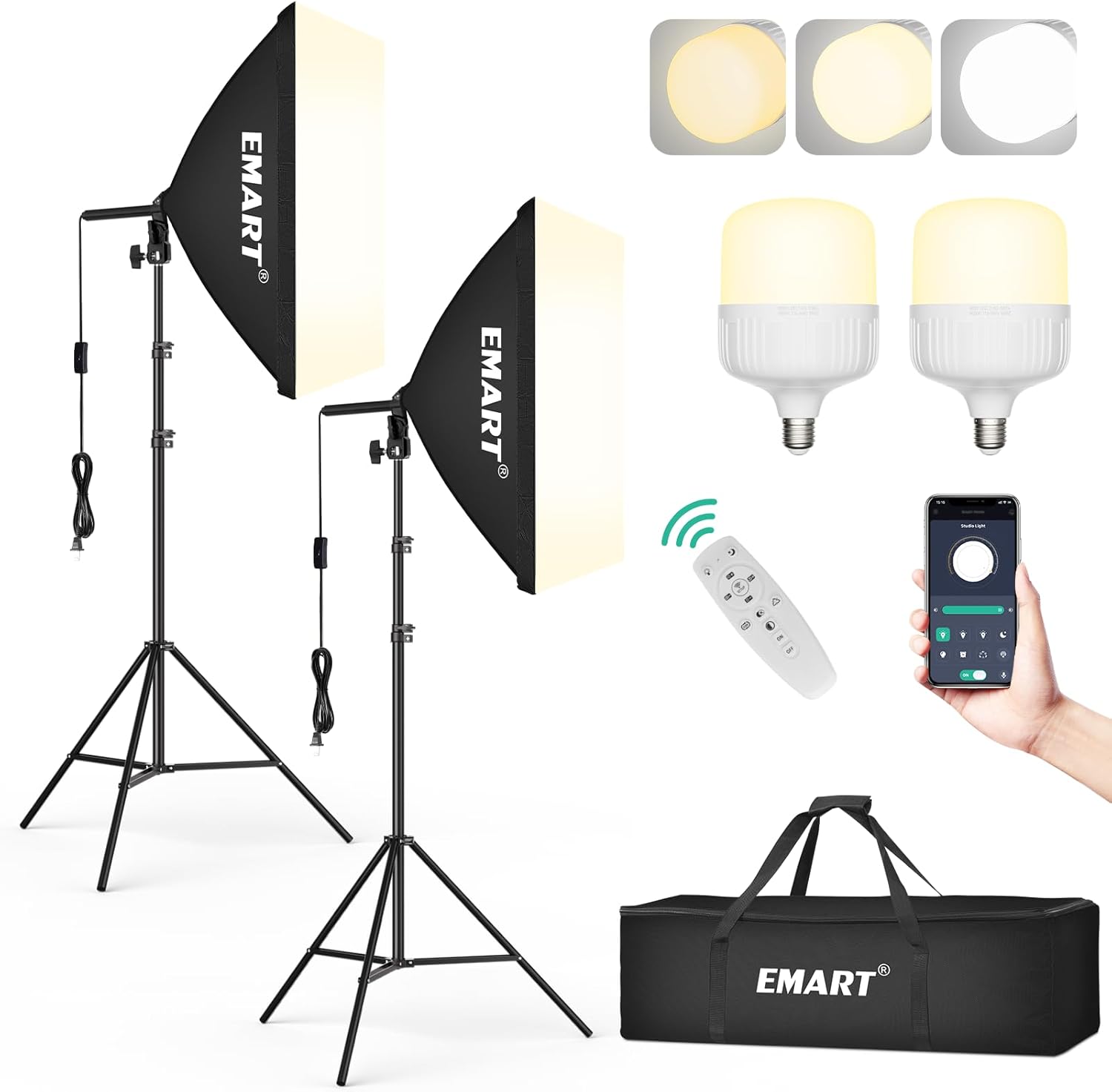 EMART Professional Softbox Lighting Kit, 20"x28" Pull Soft Box | 50W 3000K-6000K LED Bulb with Remote/APP Control, Softbox Photography Lighting Kit for Studio Lights, Portrait,Video Recording(2PACK)