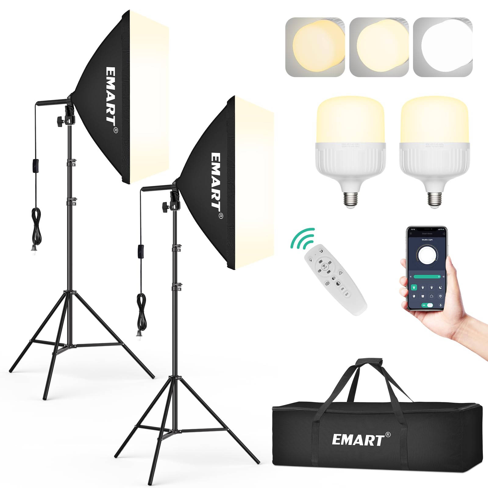EMART Softbox Iluminación Kit Fotografía, Foco Fotografía 50 x 70 cm, Softbox per Studio Fotografico Equipo Bombilla LED de 50W (3000K-6000K), para Estudio Fotográfico,Grabación de Vídeo (2 Pack)