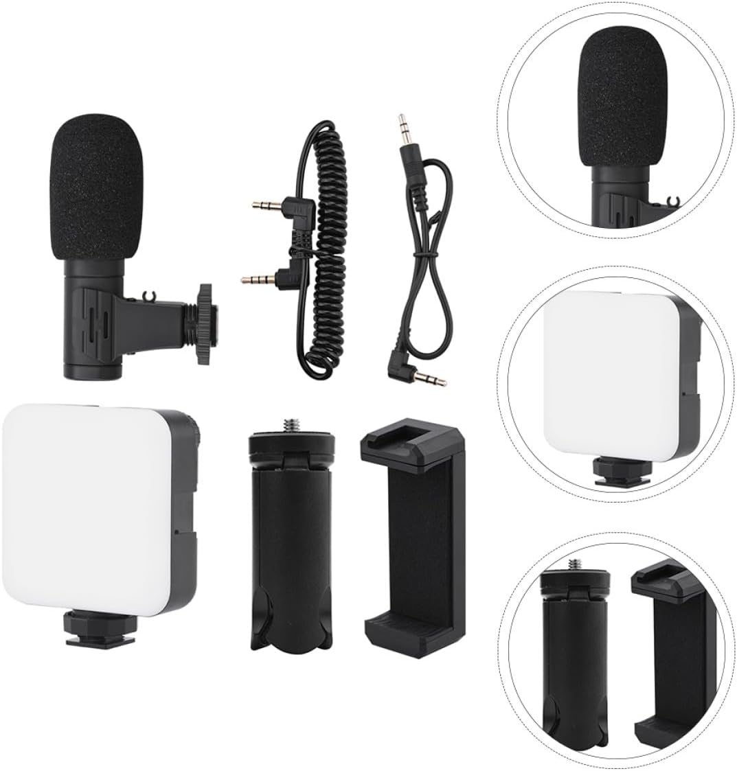 Smartphone Video Kit for Vloggers 4pcs Set with Adjustable Fill Light, Phone Clip, Desktop Tripod, and Microphone for Mobile Video Recording
