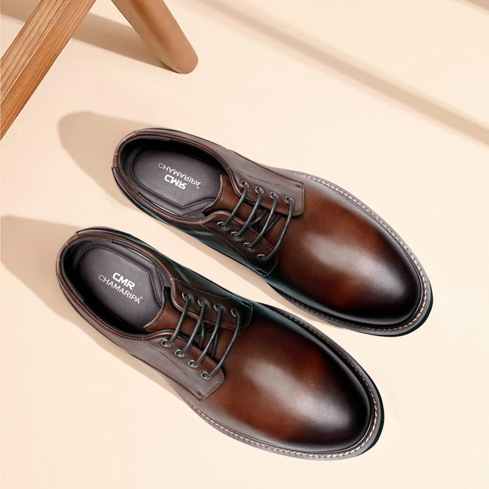 CHAMARIPA Herren Business-Casual-Schuhe mit 8 cm unsichtbarer Innenerhöhung | Obermaterial aus Vollnarbenleder, Integrierte erhöhende Einlegesohle, ideal für Büro, Hochzeiten und den Alltag.