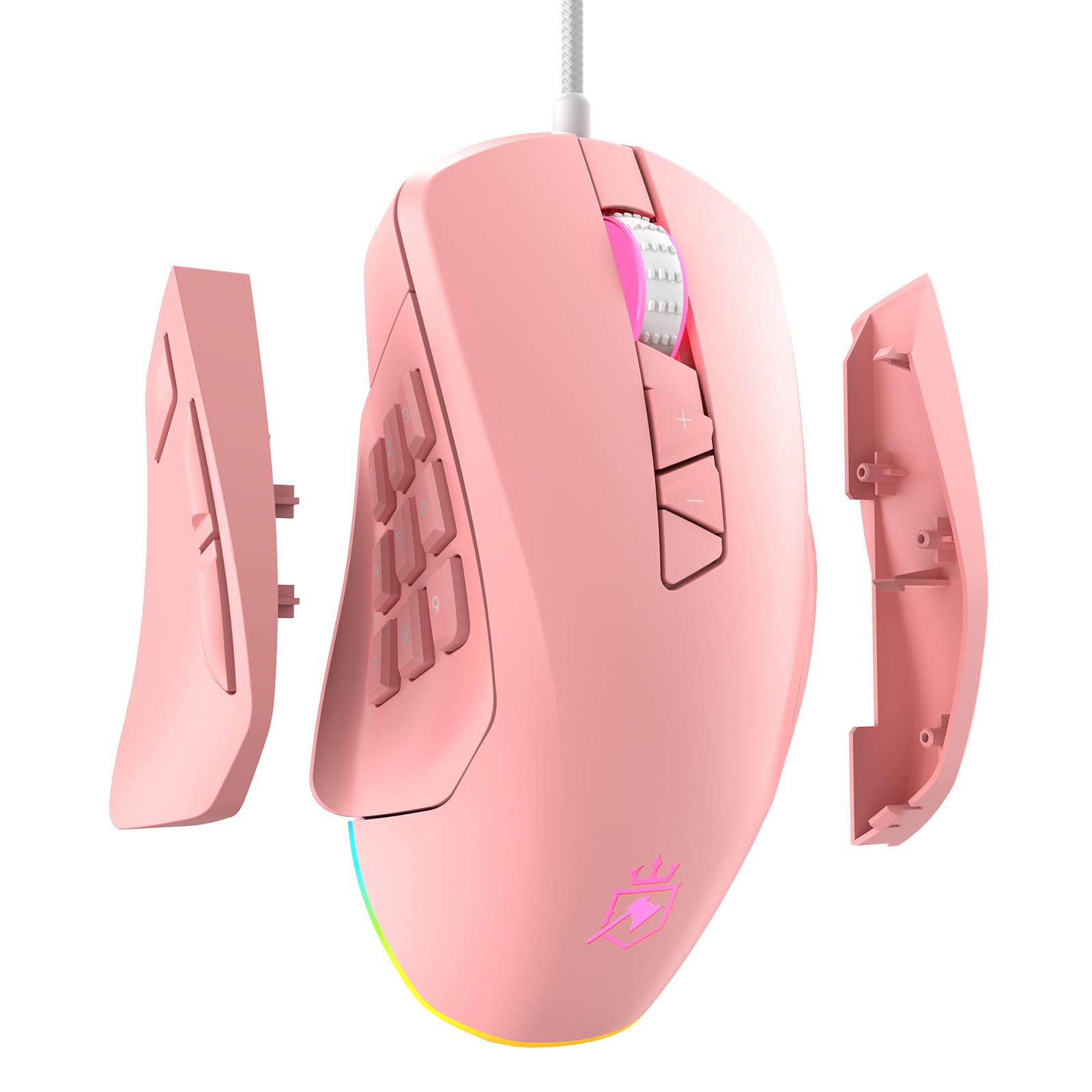 Wired Gaming Mouse with Side Plates, MMO Mouse with 14 Programmable Buttons, Ergonomic Gaming Mouse with 2 Grip Plates, Computer Mouse with Max 12,400 DPI, RGB Lighting, Pink