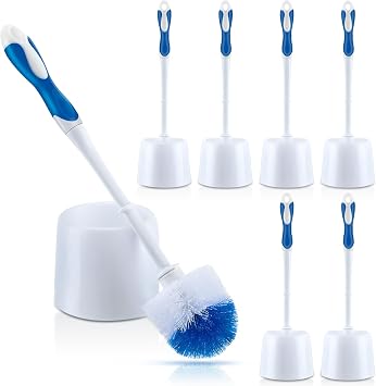 Tioncy 6 Pack Toilet Brush with Holder, 14.96 Inch Toilet Bowl Brush Set, Stiff Bristles Scrubber for Deep Cleaning, Base Caddy, Bathroom Cleaning Supplies Blue,White