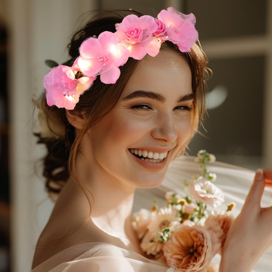 Fashband Light Up Flower Headbands LED Floral Crown Hair Wreath Bridal Headband Garland Headpiece Festival Headdress for Women (B) - Image 2