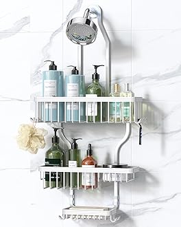 YASONIC Shower Caddy Hanging - Never Rust Shower Organizer - Aluminum over The shower head caddy with 10 Hooks for Razor/Sponge - Shower Rack with Soap Basket - White