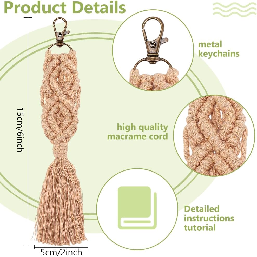 INFUNLY 6 Set DIY Macrame Boho Keychain Kits Cotton Macrame Keychain Kit for Women Charm Gift Handcrafted Aesthetic Tassel Macrame Keychain for Strap Phone Bags Macrame Adults Beginners