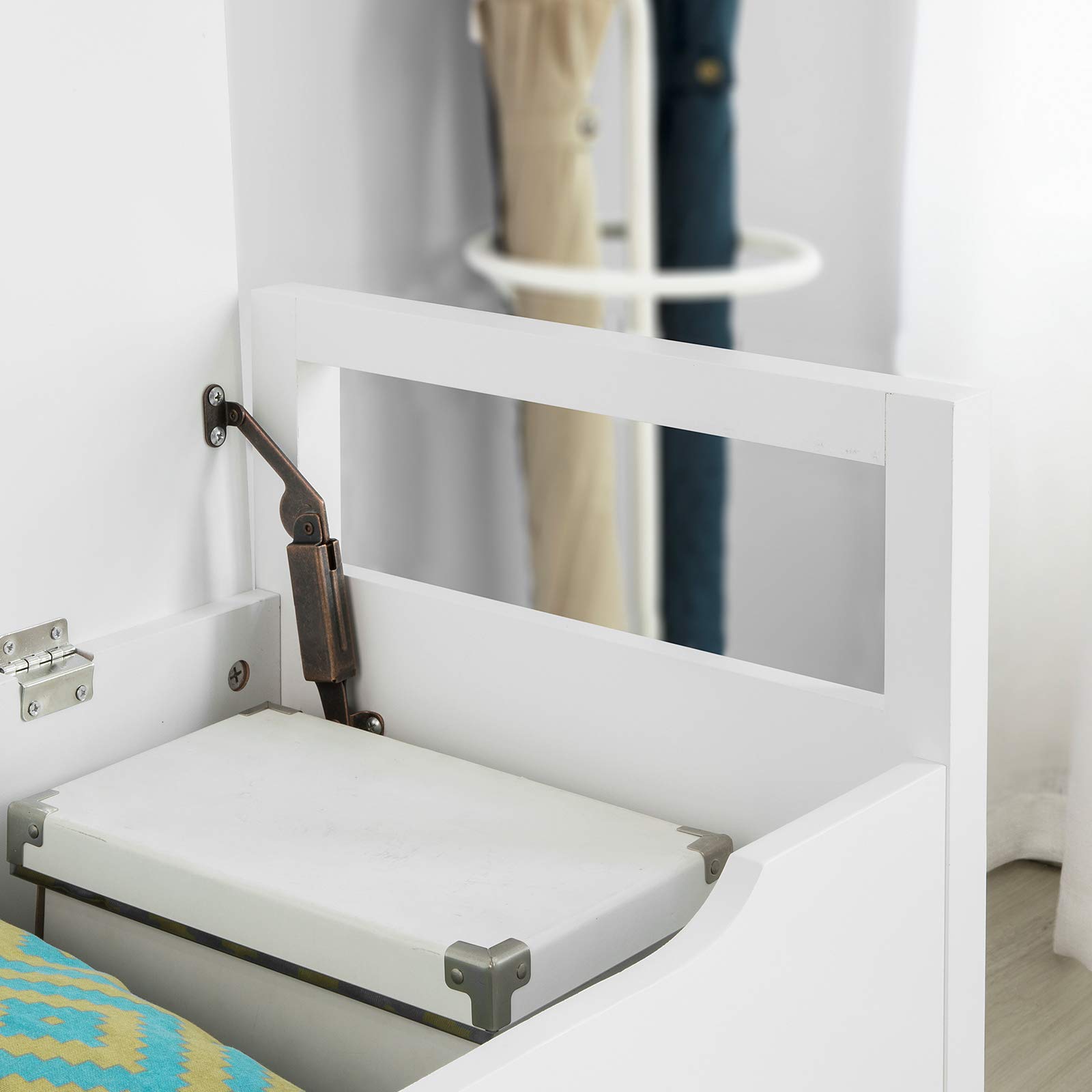 SoBuy FSR76-W Skrzynia z siedziskiem, ławka do siedzenia z miejscem do przechowywania, skrzynia do siedzenia z klapą, obciążenie 120 kg, kolor biały, szer. x wys. x gł.: ok 86 x 54 x 38 cm