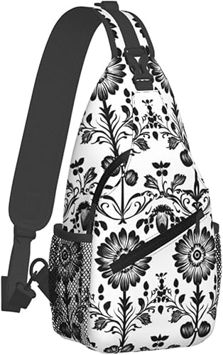 Small Crossbody Bags for Women Men - Vintage Flower Black White Print Adjustable Shoulder Bag Fanny Packs Belt Sling Bag Crossbody Purses Backpack