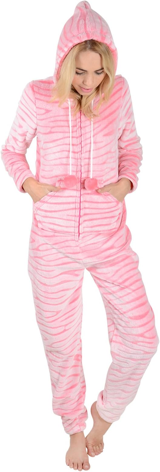 Autumn Faith Women's Ladies Embossed Pink Fleece All in One Pyjamas Sleepsuit Onesie Nightwear-M Pajama Set, Neutral, Size