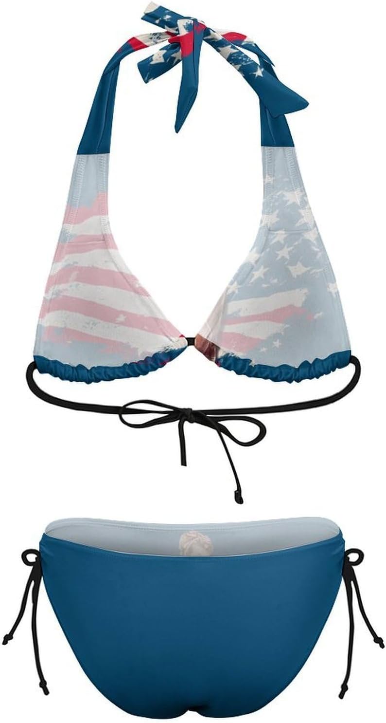 Vintage Pin Ups with U.S. Flag Novelty Women's 2 Piece String Bikini Set Swimsuits Bathing Suit Swimwear