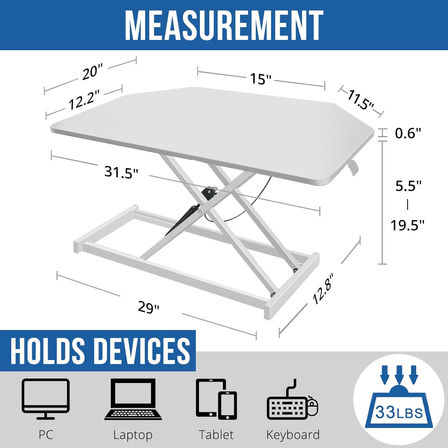 JD Concept 32 inch White Corner Standing Desk Converter, Assembled One-Click Sit to Stand up Desk Riser, for Dual Monitor and Laptop Height Adjustable Workstation White 32x20"
