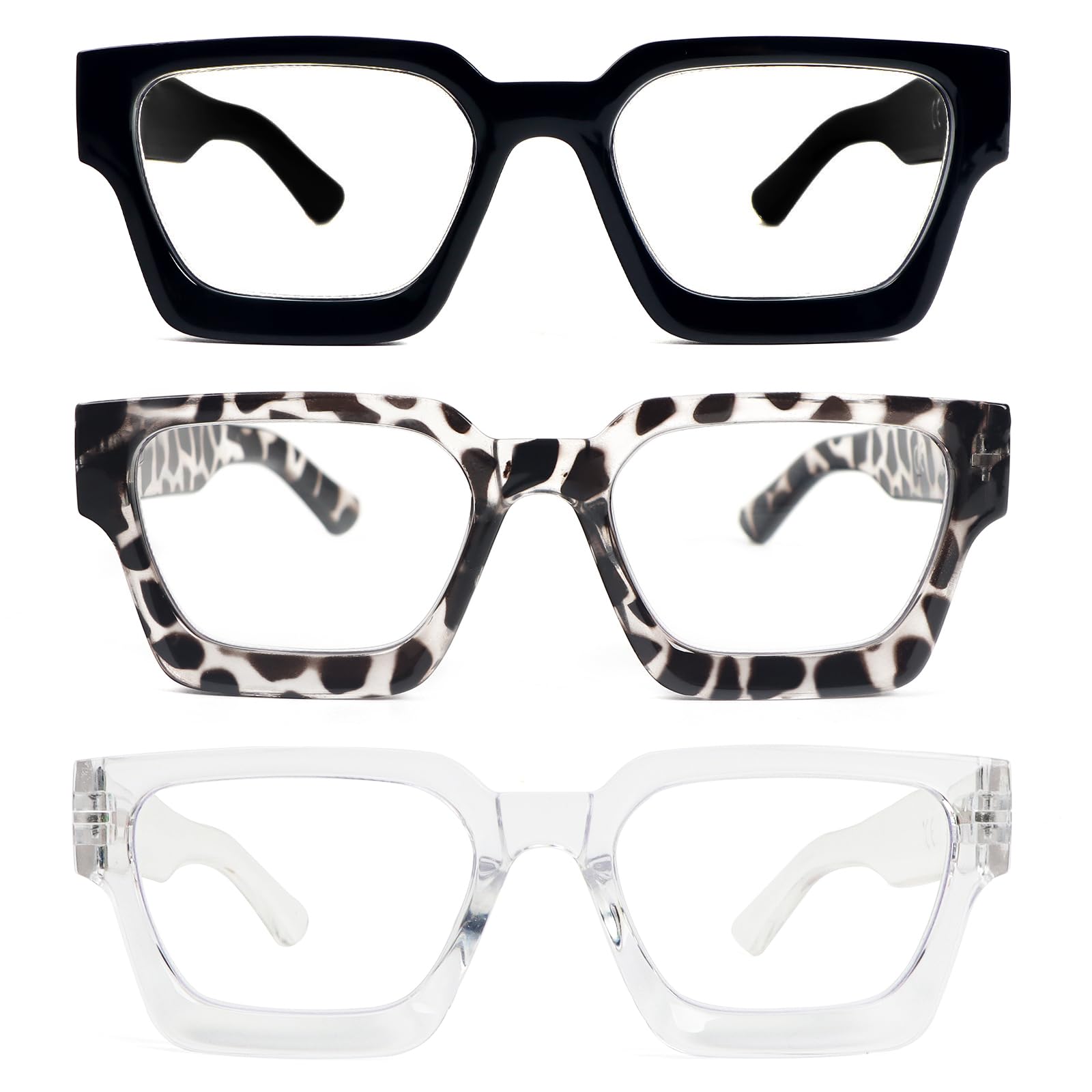 REAVEE 3 Pack Thick Frame Reading Glasses for Women Men, Oversized Fashion Blue Light Blocking Readers Spring Hinge