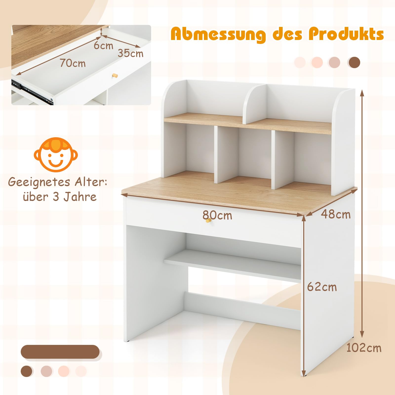 COSTWAY Schreibtisch Kinder, Kinderschreibtisch aus Holz, Schülerschreibtisch mit Schublade & Ablagefach, Jugendschreibtsich mit Stauraum, Kleiner Kindertisch für Kinder ab 3 Jahren (Natur)