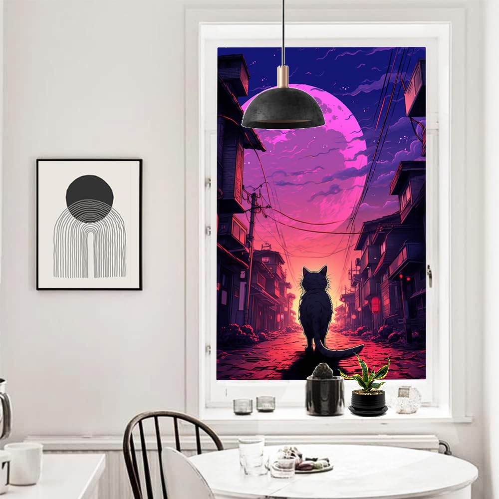 Abstrakte Katze, Buntglas-Fensterfolie, Retro-Stil, japanischer Stil, Tier, gehend, Mondlicht, dekorative Milchglas-Sichtschutzfolie, Hitzeregulierung, statisch haftende Fensteraufkleber, 80 x 120 cm