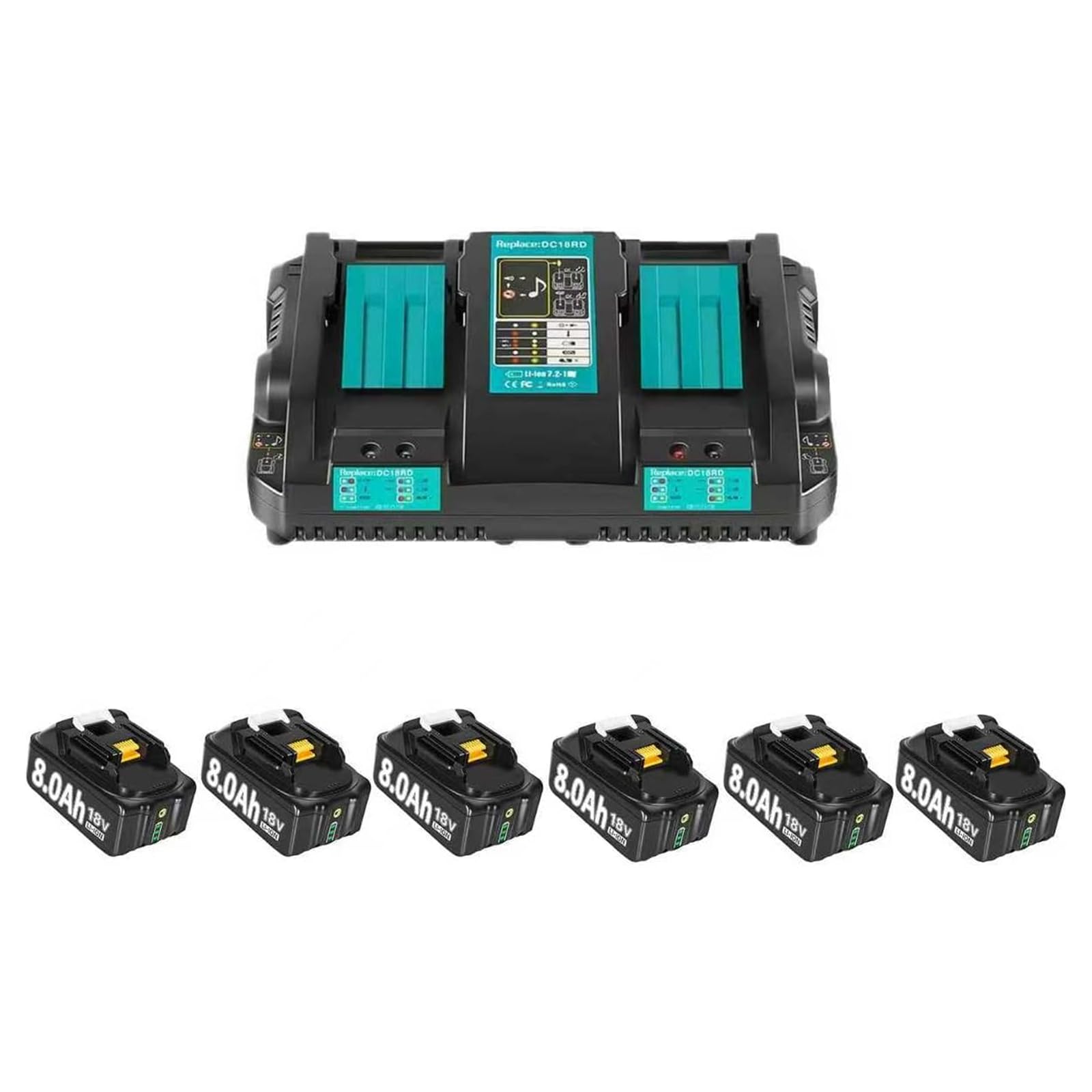 6pack 8.0Ah Replacement for Makita 18V Batteries and 6A DC18RD Dual Port Charger Compatible with Makita Battery BL1860 BL1860B BL1850 BL1840 BL1845 18Volt cordless tools with LED Indicator