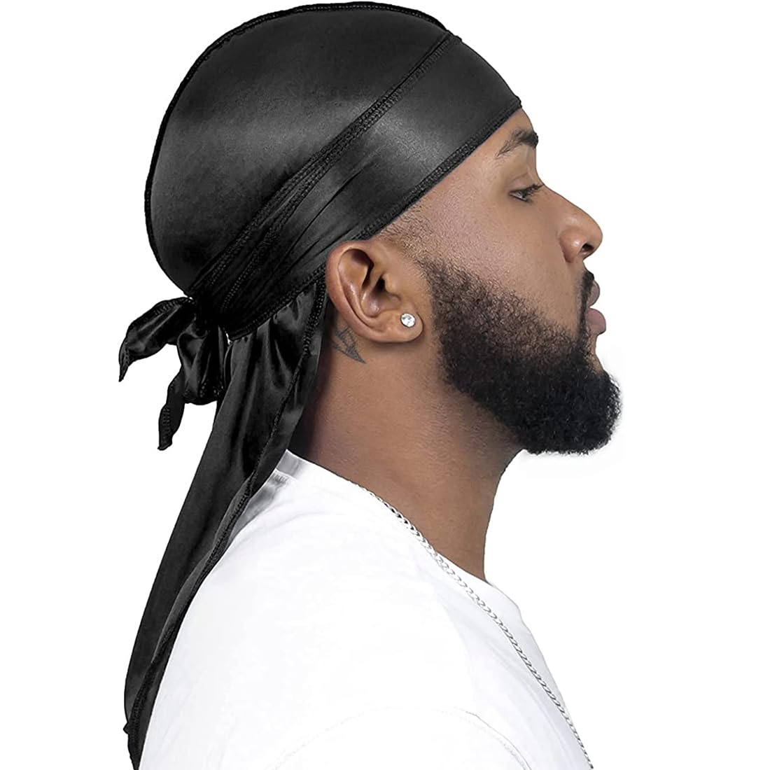 2 Durag In Seta Unisex - Fasce Larghe Per Capelli Hip-Hop - Nero E Grigio Argento - Anti-Rughe E Comode - Foto 3