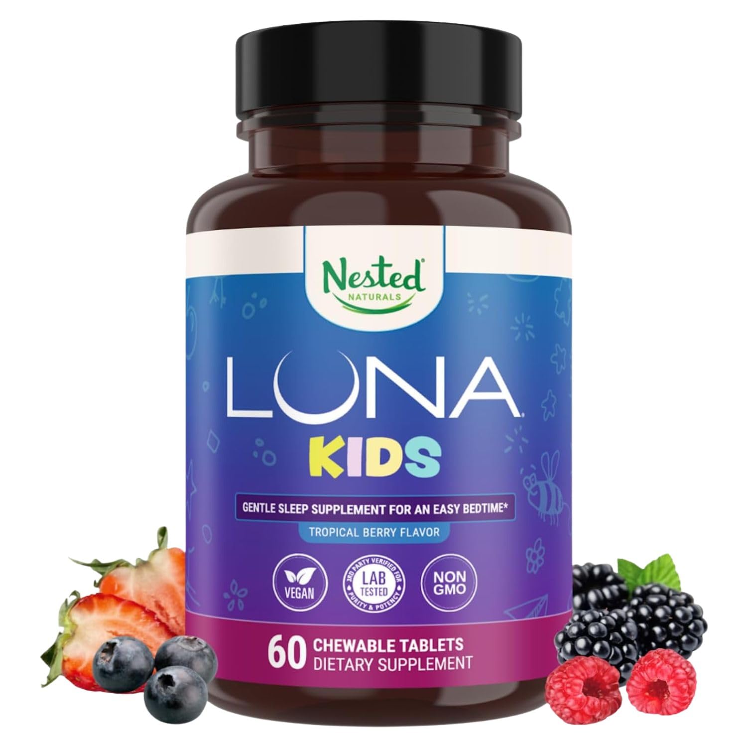 LUNA Kids | #1 Sleep Aid Tablets for Children 4+ and Sensitive Adults | Naturally Sourced Ingredients | 60 x Chewable Pills | Gentle, Herbal Supplement with Chamomile, Melatonin, Valerian & Lemon Balm