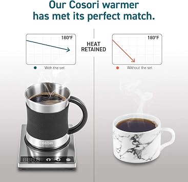 Cosori Coffee Mug Warmer & Mug Set for Desk, Cup Heater, Office, 1F Precise Temperature Control, Touch Tech & LCD Digital Display (77-194F), 304 Stainless Steel, Silver/Black