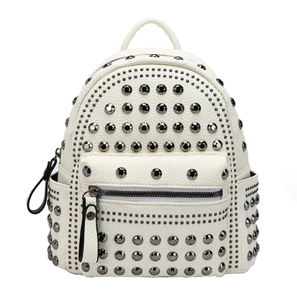 GJGJTER Women Rhinestone Rivets Small Backpack Casual Daypacks Gothic Shoulder Bags Handbag Purse-White