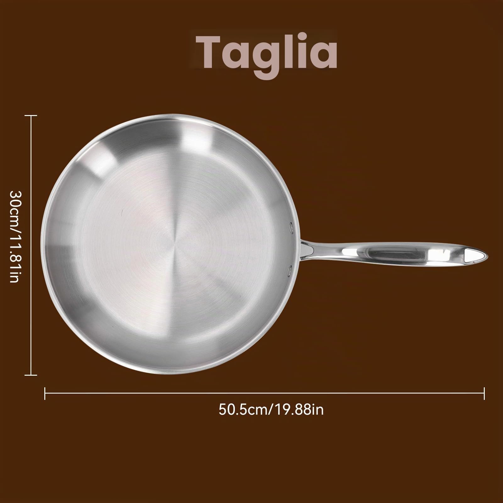 Padella in acciaio inox adatta al forno e induction, 3 strati acciaio inossidabile 304 non rivestito, manico ergonomico (30 cm)