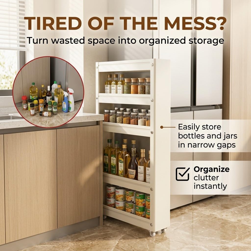 Carrello Stretto 4 Ripiani, Scaffale Salvaspazio per Cucina e Bagno