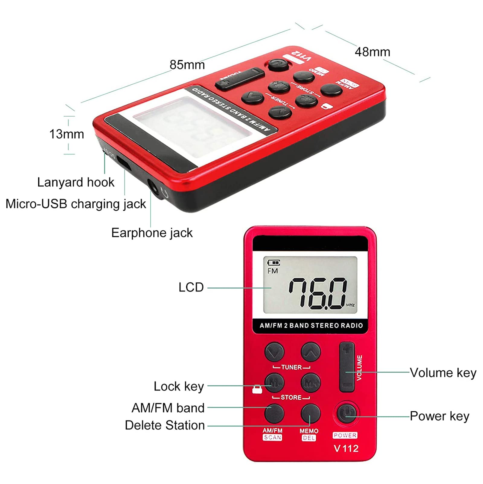 Mini Radio Portable, Petite Radio FM AM avec Écouteurs, Batterie Rechargeable de 500 mAh, Stockage de Recherche Automatique,Rouge
