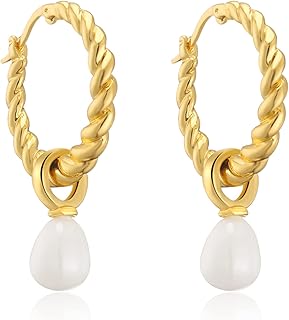 Pearl Hoop Earrings for Women 14K Gold Plated Pearl Drop Earrings C Shape Pearl Earrings Small Pearl Earrings Fashion Pearl Jewelry Gift for Women