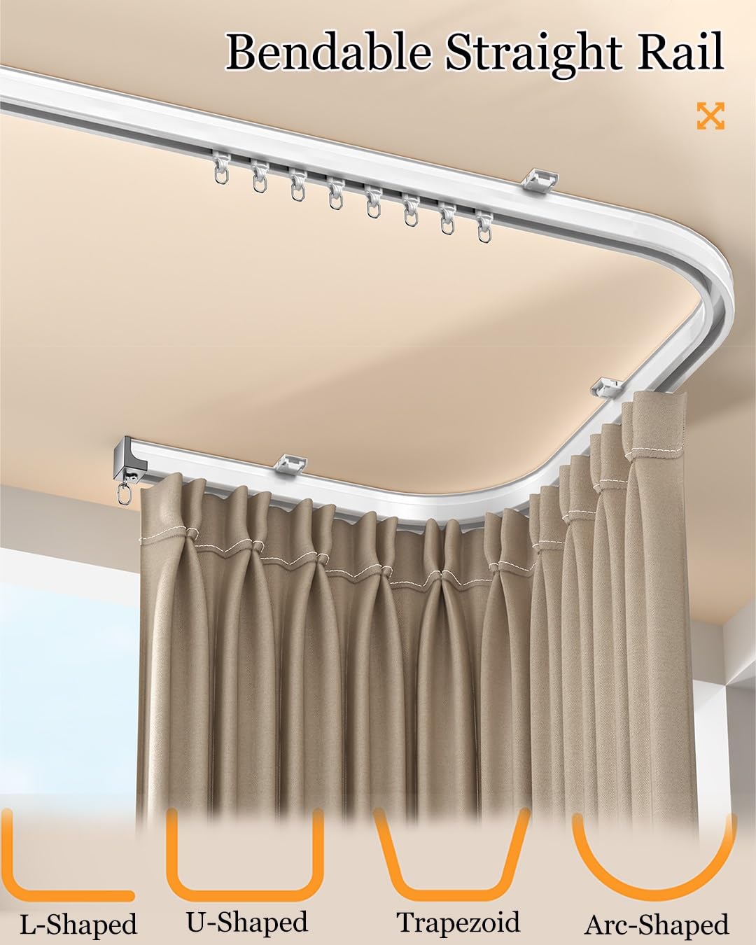 Generisch Flexible Deckenvorhangschiene – biegbare Gardinenstange aus Aluminium – Raumteiler-Gardinenschienen – (70–600 cm) – für Privatsphäre in offenen Räumen(White Ceiling,250cm(2 * 125cm))