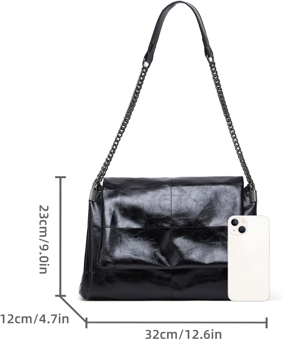 Leather Shoulder Bag with Chain Strap, Classic Flap Design, Available in Black and White