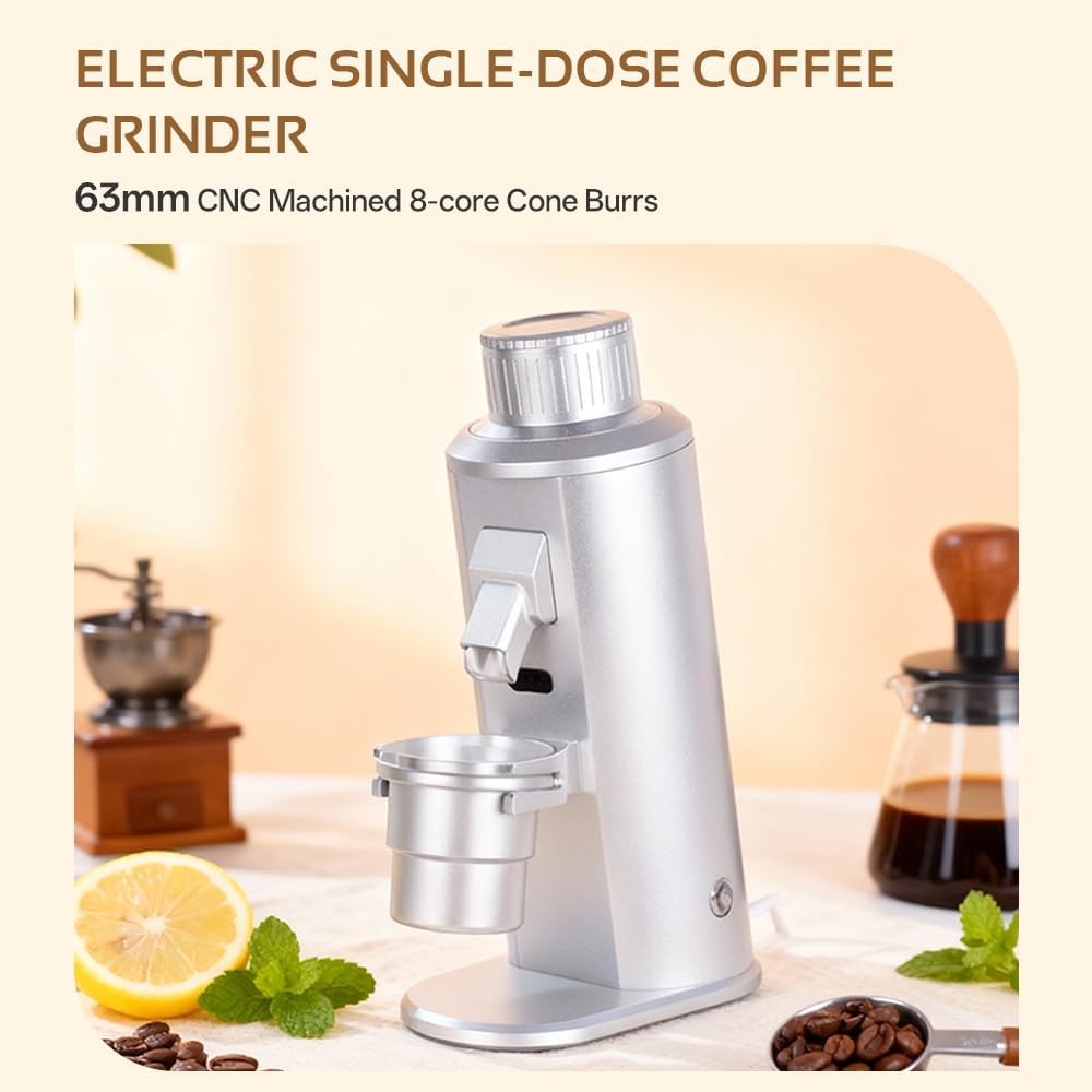 G163CV Electric Single Dose Coffee Grinder with Plasma Anti-Static, 63mm Conical Burrs, 350W Brushless Motor 100-450RPM Adjustable, Zero Retention (Silver)