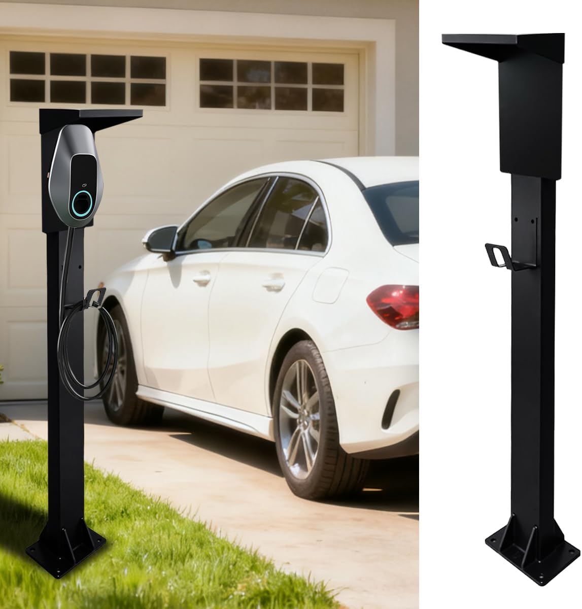 Cold Rolled Steel Charging Station Column with Attached Hook，Upgraded Rain Cover - Weather-Resistant for Outdoor/Indoor Use EV Charge Stand Charging Pillar for Tesla